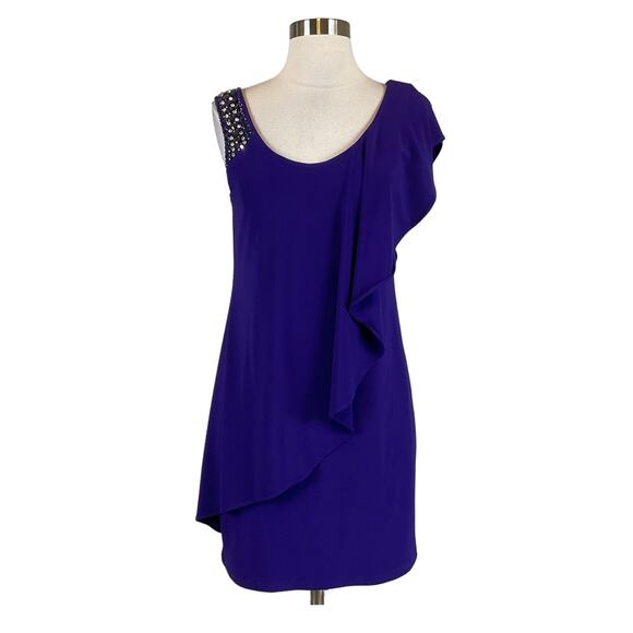 Betsy & Adam One Shoulder Beaded Cocktail Dress Purple Size 4 Ruffled Shift - Picture 1 of 13